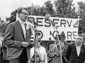 Pictured here in 1968, Dr. John Bury tells demonstrators at a Regina rally that user fees are a threat to medical care in Saskatchewan.