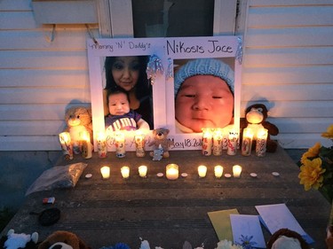 A scene from the July 5 candlelight vigil in Saskatoon for six-week-old Nikosis Jace Cantre, the city's ninth homicide victim.