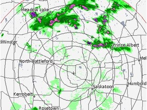 A slow-moving line of thunderstorms may be responsible for heavy rains in the City of Prince Albert, according to an Environment and Climate Change Canada meteorologist Rob Paola. The thunderstorms are detailed in green and purple in this radar image from the national forecaster.