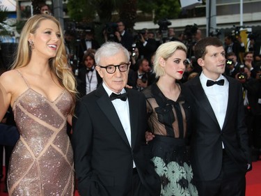L-R: Blake Lively, Woody Allen, Kristen Stewart and Jesse Eisenberg pose for photographers upon arrival at the screening of "Café Society" and the Opening Ceremony at the 69th Cannes international film festival in Cannes, France, May 11, 2016.