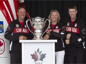 Members of the Canadian Olympic Golf team Graham DeLaet, left, Alena Sharp and David Hearn pose on stage with the 1904 Olympic Golf Trophy as the Canadian Olympic Committee (COC) and Golf Canada announce the players to represent Team Canada at this year's Rio Olympics at a ceremony at Glen Abbey Golf Club in Oakville, Ont., on Tuesday, July 17, 2016