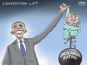 Editorial Cartoon by Graeme MacKay, The Hamilton Spectator – Thursday July 28, 2016  Barack Obama to make case for Hillary Clinton, his legacy  President Barack Obama's three Democratic convention speeches have, in succession, launched his national career, thrust him into the Oval Office and secured him a second term. On Wednesday, he'll work during his fourth marquee convention address to ensure those earlier efforts weren't for naught.  In his prime-time pitch for Hillary Clinton, and during a heavy campaign schedule this fall, Obama plans to argue not only for the Democratic nominee, but for the progressive policies that he's spent the last eight years enacting -- an agenda that will depend largely on his successor to maintain.  His message, according to those helping him prepare for the speech: Don't flush everything away with Donald Trump.  Obama plans to draw on his long and complicated relationship with Clinton, which began as a rivalry but has evolved into what the pair hopes can become the first elected Democrat-to-Democrat presidential transition in modern history.  In pre-convention interviews, Obama has been frank about his relationship with Clinton, admitting they aren't "bosom buddies."  "We don't go vacationing together," Obama said during a CBS interview Sunday. "I think that I've got a pretty clear-eyed sense of both her strengths and her weaknesses. And what I would say would be that this is somebody who knows as much about domestic and foreign policy as anybody."  "She's not always flashy. And there are better speech-makers," he said. "But she knows her stuff."  Many top Republicans skipped their party's convention last week, fearing links to Trump. But Democratic convention organizers had a wealth of willing speakers, programming prime-time speeches from high-profile and well-liked Democrats like Obama, Vice President Joe Biden (who also speaks Wednesday), first lady Michelle Obama, Vermont Sen. Bernie Sanders and Massachusetts Sen. Elizabeth Warren.  President George W. Bush skipped his party's 2008 meeting and wasn't a major presence on the campaign trail for Sen. John McCain. Obama, conversely, is expected to spend most of October on the campaign trail for Clinton, working to encourage the coalition of voters -- formed of young people and minorities -- to vote this time around.  An ABC News/Washington Post poll this month showed Obama's approval at 56% -- the highest point since early in his first term. (Source: CNN) http://www.cnn.com/2016/07/27/politics/president-obama-democratic-convention-speech/  USA, United States, DNC, Democratic, party, convention, popularity, Barack Obama, Hilary Clinton, likability
