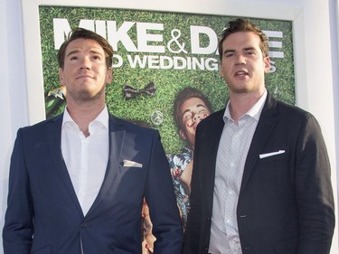 Dave (L) and Mike Stangle, the original Mike and Dave, attend the Twentieth Century Fox premiere of "Mike and Dave Need Wedding Dates" in Hollywood, California, June 29, 2016.