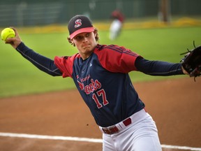 Pitcher Jordan Hudson of the Saskatoon Selects threw against the New Zealand International Softball Academy  during a Super 8 International softball Series game at Bob Van Impe Stadium on July 5, 2016.