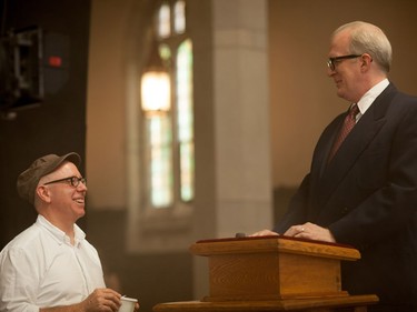 Director James Schamus (L) and actor Tracy Letts on the set of "Indignation."