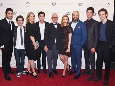 L-R: Philip Ettinger, Noah Robbins, Linda Emond, Logan Lerman, James Schamus, Sarah Gadon, Danny Burstein, Pico Alexander and Ben Rosenfeld attend the "Indignation" New York premiere at the Museum of Modern Art on July 25, 2016 in New York City.