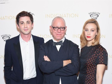 L-R: Logan Lerman, James Schamus and Sarah Gordon attend the "Indignation" New York premiere at the Museum of Modern Art on July 25, 2016 in New York City.