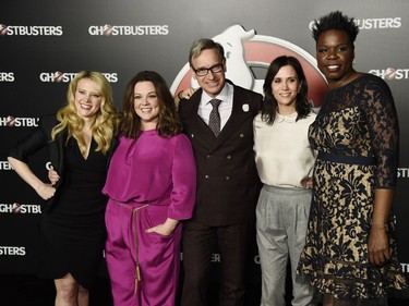 L-R: Kate McKinnon, Melissa McCarthy, Paul Feig, Kristen Wiig and Leslie Jones pose during the Sony Pictures Entertainment presentation of "Ghostbusters," at CinemaCon 2016 in Las Vegas, Nevada, April 12, 2016.