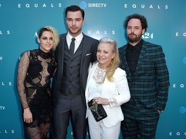 L-R: Kristen Stewart, Nicholas Hoult, Jacki Weaver and Drake Doremus arrive at the Los Angeles premiere of "Equals" at Arclight Hollywood, July 7, 2016.