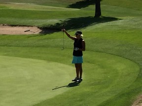 Lorie Boyle lines up a shot at the Saskatchewan Senior Women's Golf Championship, July 28, 2016.