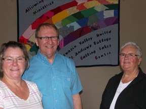 Lorie Kurz, from left, Tom Rogers and Rev. Lorraine Harkness are part of Meewasin Valley United, a 'progressive' congregation that meets in the lounge of St. Andrew's College. Photo by Darlene Polachic