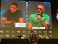 Nate Diaz (left), Ultimate Fighting Championship president Dana White and UFC featherweight champion Conor McGregor took part in a press conference on July 7, 2016 in Las Vegas, Nevada, to promote UFC 202, which takes place Aug. 20 in Vegas. (Dave Deibert / Postmedia News)