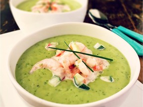 Chilled Avocado Soup with Cocktail Shrimp Salad.