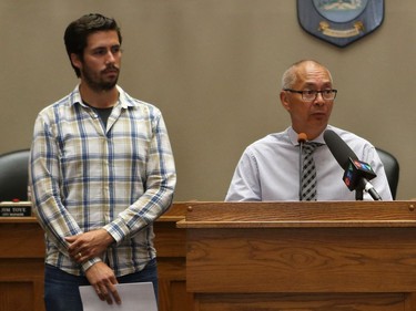 Jeff Da Silva, public works manager for Prince Albert, and City manager Jim Toye speak during a media conference about the city's water supply as it is under threat after 200,000 litres of oil leaked into the North Saskatchewan River, July 25, 2016.