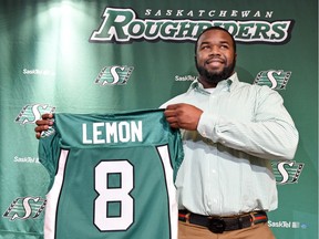 Defensive end Shawn Lemon, shown in February, was traded by the Saskatchewan Roughriders to the Toronto Argonauts on Saturday.