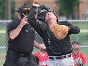 Bob Armstrong, 73, is a catcher with the Saskatoon Sportsmen.