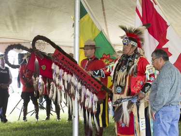 The grand entry at the Robin Cameron, Marc Bourdage 10-year memorial event in Spiritwood, where 10 years ago these two RCMP officers were tragically killed, July 6, 2016.