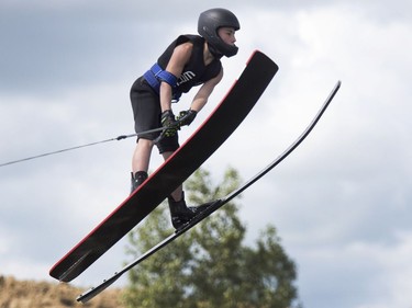 World water ski champion Ryan Dodd works with Saskatoon's Cater Lucas out at the water skiing jump ramp at his clinic in the city at the water ski club's pond, July 7, 2016.