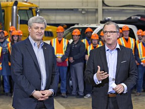 Then-Prime Minister Stephen Harper and Premier Brad Wall announce plans to twin Highway 7 between Saskatoon and Delisle on March 12, 2015.