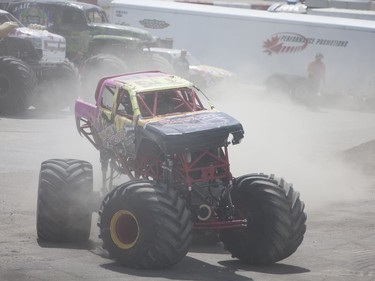 Rock Star performs a burnout during the Monster and Mayhem show at the Wyant Group Raceway in Saskatoon, Saskatchewan on Saturday, July 16th, 2016.
