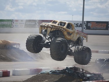 Skeletor performs a jump during the Monster and Mayhem show at the Wyant Group Raceway in Saskatoon, Saskatchewan on Saturday, July 16th, 2016.