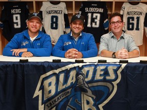 (From left) Saskatoon Blades' new assistant coaches Ryan Keller and Bryce Thoma along with head coach Dean Brockman at Sasktel Centre. (Michelle Berg / The StarPhoenix)