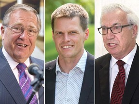 Saskatoon's 2016 mayoral race features incumbent Mayor Don Atchison (left), Ward 6 Coun. Charlie Clark (centre) and former mayor Henry Dayday as declared candidates.