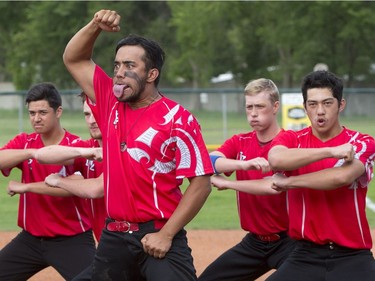 Members of a touring New Zealand International Softball Academy team perform a Haka dance prior to playing the Saskatoon Selects during a Super 8 International softball Series game at Bob Van Impe Stadium, July 5, 2016.