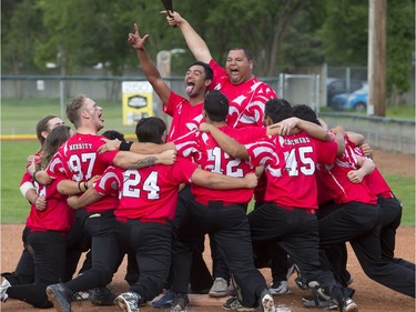 Members of a touring New Zealand International Softball Academy team perform a Haka dance prior to playing the Saskatoon Selects during a Super 8 International softball Series game at Bob Van Impe Stadium, July 5, 2016.