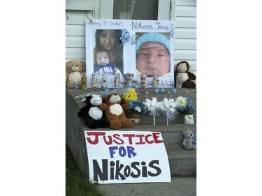 A memorial on Waterloo Crescent in Saskatoon for six-week-old Nikosis Jace Cantre, July 5, 2016. A 16-year-old young offender has been charged with second-degree murder in the death.