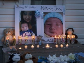 A memorial on Waterloo Crescent in Saskatoon for six-week-old Nikosis Jace Cantre, July 5, 2016. A 16-year-old girl has been charged with second-degree murder in the death.