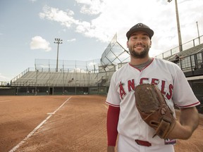 Angels pitcher/outfielder Patrick Burns at Bob Van Impe Stadium field in Saskatoon on Friday.