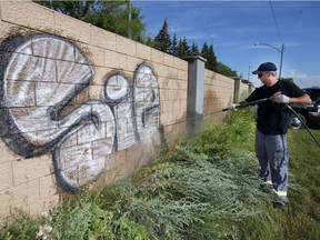 Graffiti removal expert Tom Douglas sprays a proprietary chemical on to some graffiti tags and then power washes them away on Dundonald Avenue, Friday, July 22, 2016.