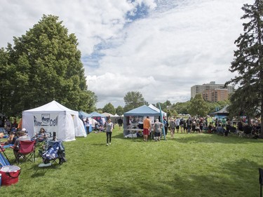 The camp during FMG's Saskatoon Dragon Boat Festival along the South Saskatchewan river near Rotary Park in Saskatoon, July 23, 2016.