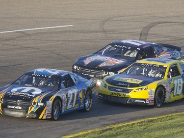 Andrew Ranger in the #27 car comes into a corner during NASCAR Pinty's Series racing at Wyant Group Raceway, July 27, 2016.