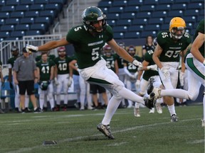 Holy Cross' David Solie of Team Saskatchewan kicks off against Team Quebec in the Football Canada Cup gold medal final on July 15, 2016 in Winnipeg. Solie was named Saskatchewan's offensive player of the game.