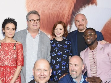 Top L-R: Jenny Slate, Eric Stonestreet, Ellie Kemper, Louis C.K., Kevin Hart (bottom L-R) Chris Meledandri and Chris Renaud pose for a picture at "The Secret Life of Pets" New York premiere at David H. Koch Theatre at Lincoln Centre on June 25, 2016 in New York City.