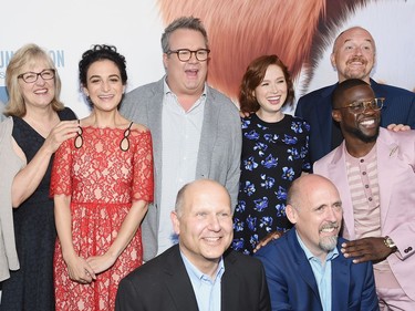 Top L-R: Janet Healy, Jenny Slate, Eric Stonestreet, Ellie Kemper, Louis C.K., Kevin Hart (bottom L-R) Chris Meledandri and Chris Renaud pose for a picture at "The Secret Life of Pets" New York premiere at David H. Koch Theatre at Lincoln Centre on June 25, 2016 in New York City.