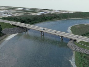 This artist's rendering shows plans for Saskatoon's north commuter bridge, which will connect Marquis Drive on the west side of the South Saskatchewan River to an extension of McOrmond Drive on the east side of the river. The bridge is slated for completion by October of 2018. (City of Saskatoon)