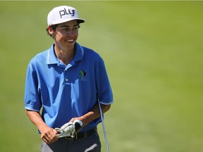 WARMAN, SK - July 20, 2016 -  Kade Johnson smiles after a nice shot to the green at the Junior Men's Golf Championship at Legends Golf Club in Warman on July 20, 2016. (Michelle Berg / The StarPhoenix)