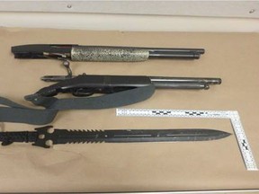 A 19-year-old Prince Albert man faces weapons charges after police found a collection of prohibited weapons in a home on the 900 block of 18th Street West. (Supplied photo/ Prince Albert police)