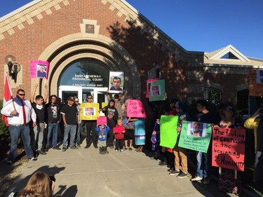 About 200 people were gathered outside North Battleford Provincial Court by 8:45 a.m. Thursday in support of Colten Boushie's family, August 18, 2016.