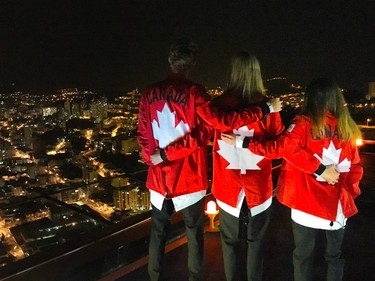 Humboldt's Brianne Theisen-Eaton (centre) was joined by Canadian long-distance runners Evan Dunfree and Jessica O'Connell at the opening ceremonies of the 2016 Rio Summer Olympics, on Aug. 5, 2016.