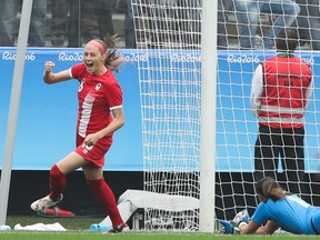 Janine Beckie of Canada scores their first goal during the match between Canada and Australia women's football for the summer olympics at Arena Corinthians on August 3, 2016 in Sao Paulo, Brazil.