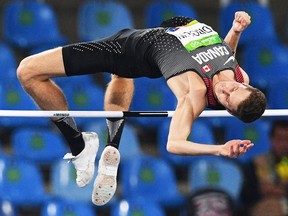 Canada's Derek Drouin executes his first jump during the men's high jump final at the 2016 Summer Olympics in Rio de Janeiro, Brazil, Tuesday, August 16, 2016.