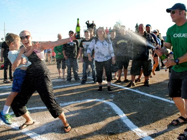 Chelsey Doetzel (L) celebrates after winning the 2016 Bunnock World Championship in Macklin, SK over the August long weekend.