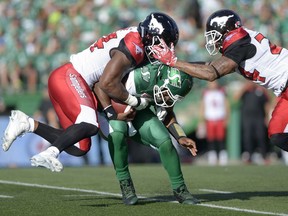 Saskatchewan Roughriders quarterback Darian Durant was sacked five times Saturday during a 19-10 loss to the Calgary Stampeders.