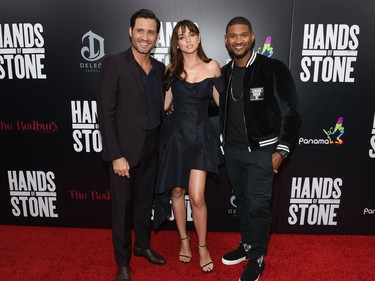 L-R: Actors Edgar Ramirez, Ana de Armas and Usher Raymond attend the U.S. premiere of "Hands of Stone" at the SVA Theatre, August 22, 2016 in New York.