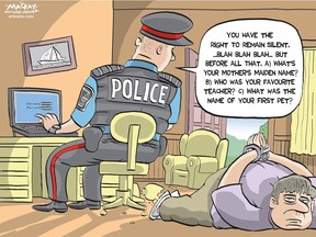 Editorial Cartoon by Graeme MacKay, The Hamilton Spectator – Tuesday August 23, 2016  Police chiefs want new law that would compel people to reveal passwords  Canada's police chiefs want a new law that would force people to hand over their electronic passwords with a judge's consent.  The Canadian Association of Chiefs of Police has passed a resolution calling for the legal measure to unlock digital evidence, saying criminals increasingly use encryption to hide illicit activities.  There is nothing currently in Canadian law that would compel someone to provide a password to police during an investigation, RCMP Assistant Commissioner Joe Oliver told a news conference Tuesday.  Oliver said criminals -- from child abusers to mobsters -- are operating online in almost complete anonymity with the help of tools that mask identities and messages, a phenomenon police call "going dark."  "The victims in the digital space are real," Oliver said. "Canada's law and policing capabilities must keep pace with the evolution of technology."  The chiefs' proposed password scheme is "wildly disproportionate," because in the case of a laptop computer it would mean handing over the "key to your whole personal life," said David Christopher, a spokesman for OpenMedia, a group that works to keep the Internet surveillance-free.  "On the face of it, this seems like it's clearly unconstitutional."  The police chiefs' resolution comes as the federal government begins a consultation on cybersecurity that will look at issues including the best way to balance online freedoms with the needs of police. The consultation runs until Oct. 15. (Source: CBC) http://www.cbc.ca/news/politics/passwords-rcmp-compel-iphone-1.3723325  Canada, police, computer, passwords, privacy, justice, crime, investigation