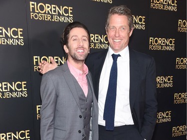 Simon Helberg and Hugh Grant attend the "Florence Foster Jenkins" New York premiere at AMC Loews Lincoln Square 13 Theatre on August 9, 2016 in New York City.